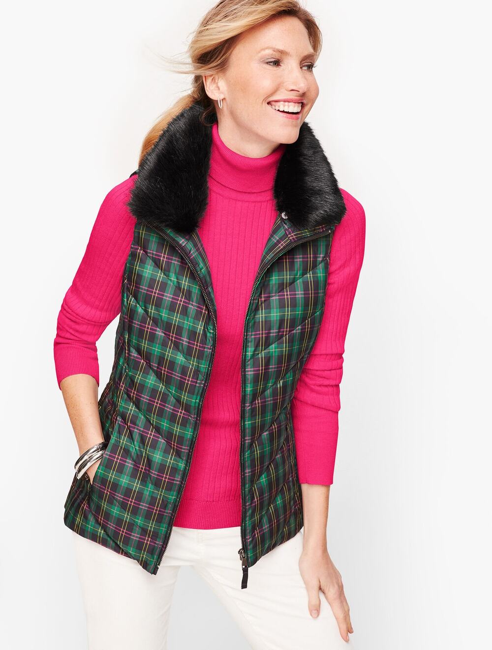 Talbots Tartan Down Faux Fur Collar Puffer Vest Size Medium